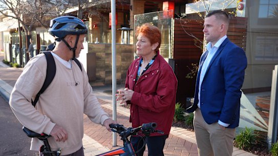 One Nation leader Pauline Hanson campaigning with candidate Luke Herdegen in Secret Harbour on Monday.