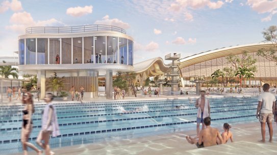 An artist impression of the National Aquatic Centre, to replace the Centenary Pool ahead of the 2032 Brisbane Olympic and Paralympic Games.