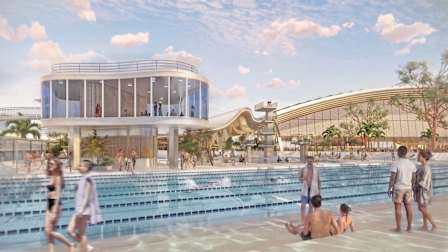 An artist impression of the National Aquatic Centre, to replace the Centenary Pool ahead of the 2032 Brisbane Olympic and Paralympic Games.