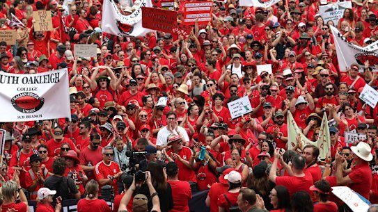Striking teachers took to the streets of Melbourne in March to push for a better pay offer from the state government.