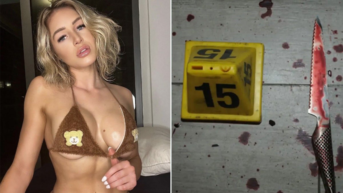 Courtney Clenney side by side with bloody kitchen knife she used in alleged murder of her boyfriend