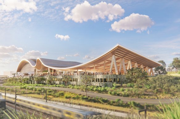 A render of the new National Aquatic Centre, to be built at the Centenary Pool site in Spring Hill for the Brisbane 2032 Olympic Games.