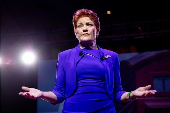 Pauline Hanson speaking at CPAC GB in London.