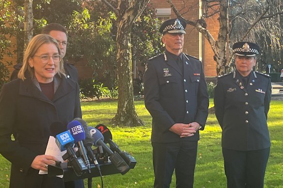 Victorian Premier Jacinta Allan, Chief Commissioner Mike Bush and Commissioner Karen Nyholm at a press conference on Friday.