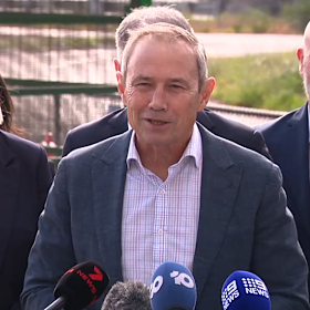 WA Premier Roger Cook at the transport announcement on Sunday. 