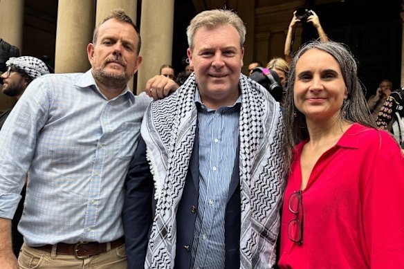 NSW Labor MPs Stephen Lawrence, Cameron Murphy and Dr Sarah Kaine at the rally against Israeli President Isaac Herzog in February.