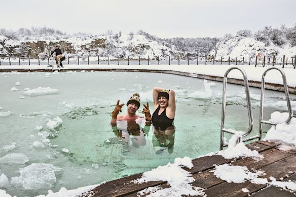 A couple take a Sunday dip in the Polish city of Kraków in February when air temperatures were topping out at 3 degrees.