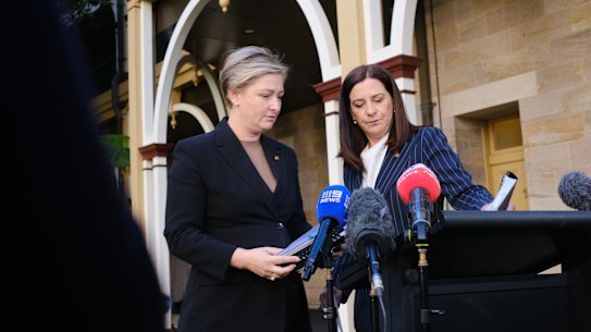 Queensland Child Safety Minister Amanda Camm and Attorney-General Deb Frecklington hold a media conference at parliament on Thursday morning.