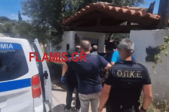 James Dalamangas is led into a police van by Greek authorities.