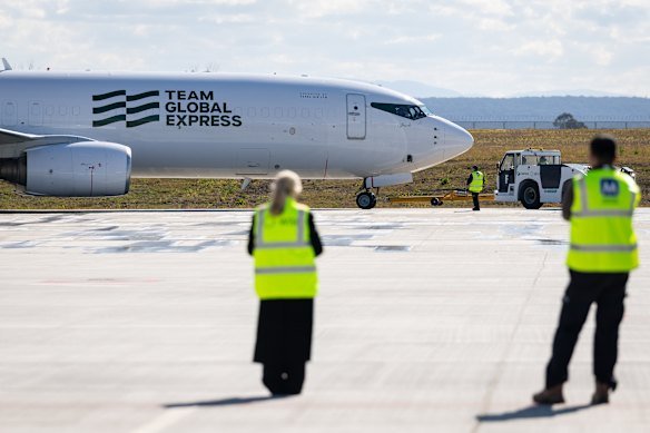 A Team Global Express cargo aircraft readies to taxi to the 3.7-kilometre runway on Monday afternoon.