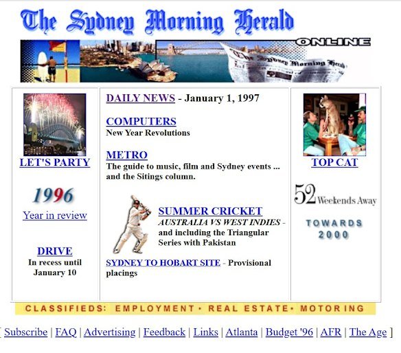 The smh.com.au homepage on New Year’s Day, 1997