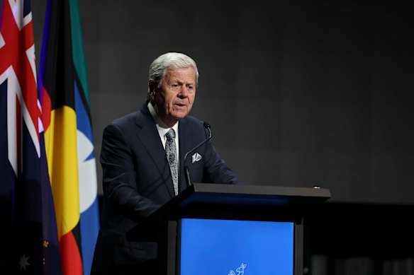 Ray Martin speaks at Derryn Hinch’s state funeral in Melbourne on Monday.