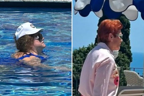Gina Rinehart (left) and Pauline Hanson seen at a resort in Sicily.