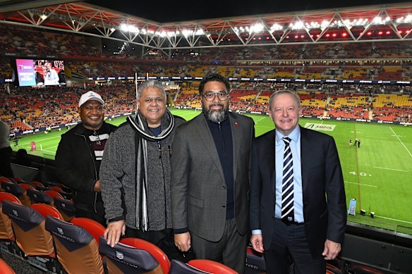 Prime Minister of Papua New Guinea James Marape, Prime Minister of Samoa Laʻauli Leuatea Schmidt, Prime Minister of Tonga Fatafehi Fakafānua (third from left) and Australian Prime Minister Anthony Albanese attended the State of Origin together this week.