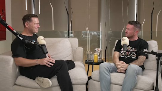 Karl Stefanovic (left) hosts far-right UK activist Tommy Robinson on his podcast.
