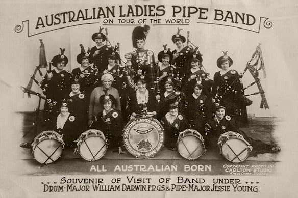 A fundraising postcard depicting the Australian Ladies Pipe Band before their 1925 to 1927 tour.