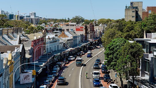 Oxford St from above, looking east toward Bondi.