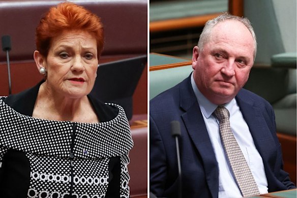 Pauline Hanson and One Nation recruit Barnaby Joyce.