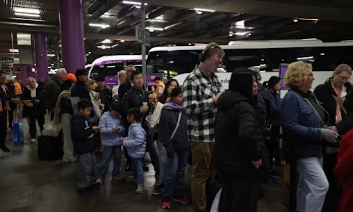 Passengers waiting to board replacement coaches at Southern Cross Station on Thursday morning.