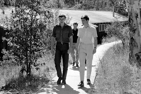 A 17-year-old Charles (right) at Timbertop while at Geelong Grammar in 1966.