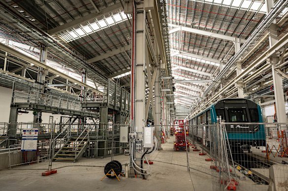 The first airport metro train is housed in a giant new stabling and maintenance facility at Orchard Hills, near Penrith. 