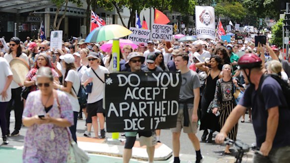 Protesters broadly opposed to Queensland’s vaccine mandate  marched through Brisbane’s CBD in 2021.