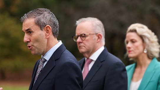 Treasurer Jim Chalmers, Prime Minister Anthony Albanese and Housing Minister Clare O’Neil.