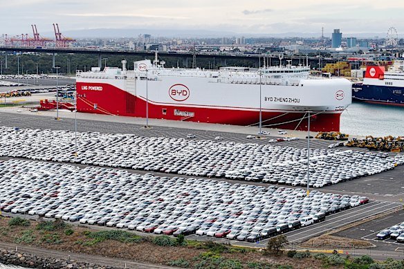 A huge shipment of BYD vehicles unloads at Webb Dock, Melbourne. The company’s sales nearly overtook Toyota in June. 