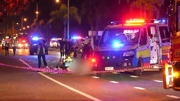 Paramedics attend the fatal crash at Warana, on the Sunshine Coast, on Saturday night.