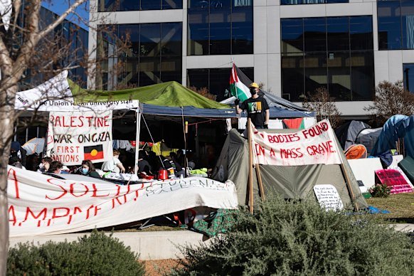 The pro-Palestine encampment at the ANU’s Canberra campus in 2024.