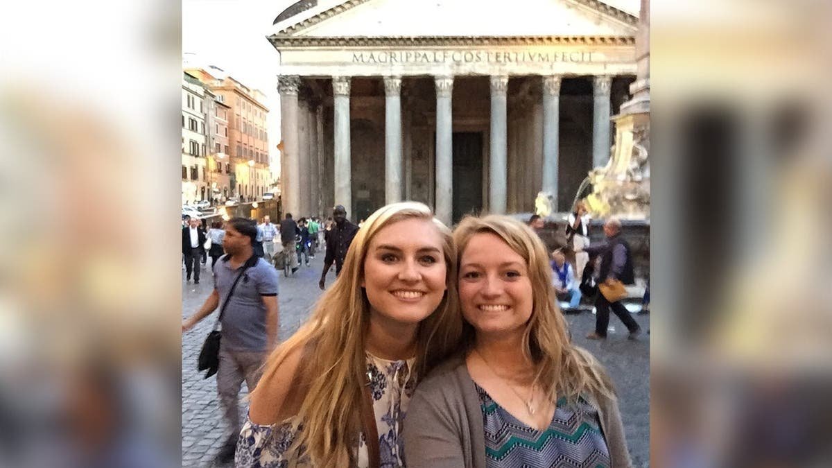 Brooke Hanlon and Jennifer Payne pose for a photo while traveling in Europe