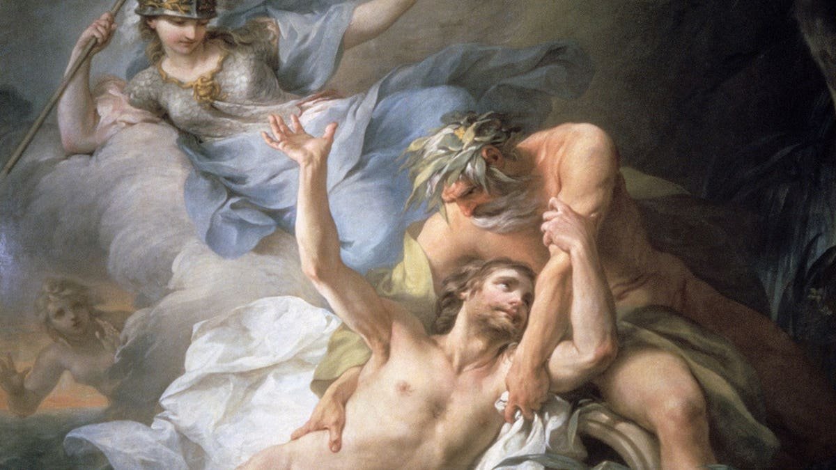 Depiction of Odysseus and Zeus on the island of Calypso