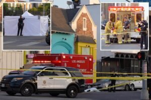 Person stabbed to death and another injured in 6am slashing in LA, three suspects on the loose Person stabbed to death and another injured in 6am slashing in LA, three suspects on the loose