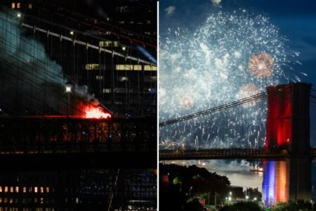 Brooklyn Bridge catches fire during Fourth of July fireworks display Brooklyn Bridge catches fire during Fourth of July fireworks display