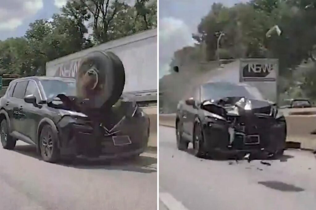 Loose tire flies across Philadelphia highway, pulverizes front end of SUV: wild dashcam