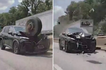 Loose tire flies across Philadelphia highway, pulverizes front end of SUV: wild dashcam Loose tire flies across Philadelphia highway, pulverizes front end of SUV: wild dashcam