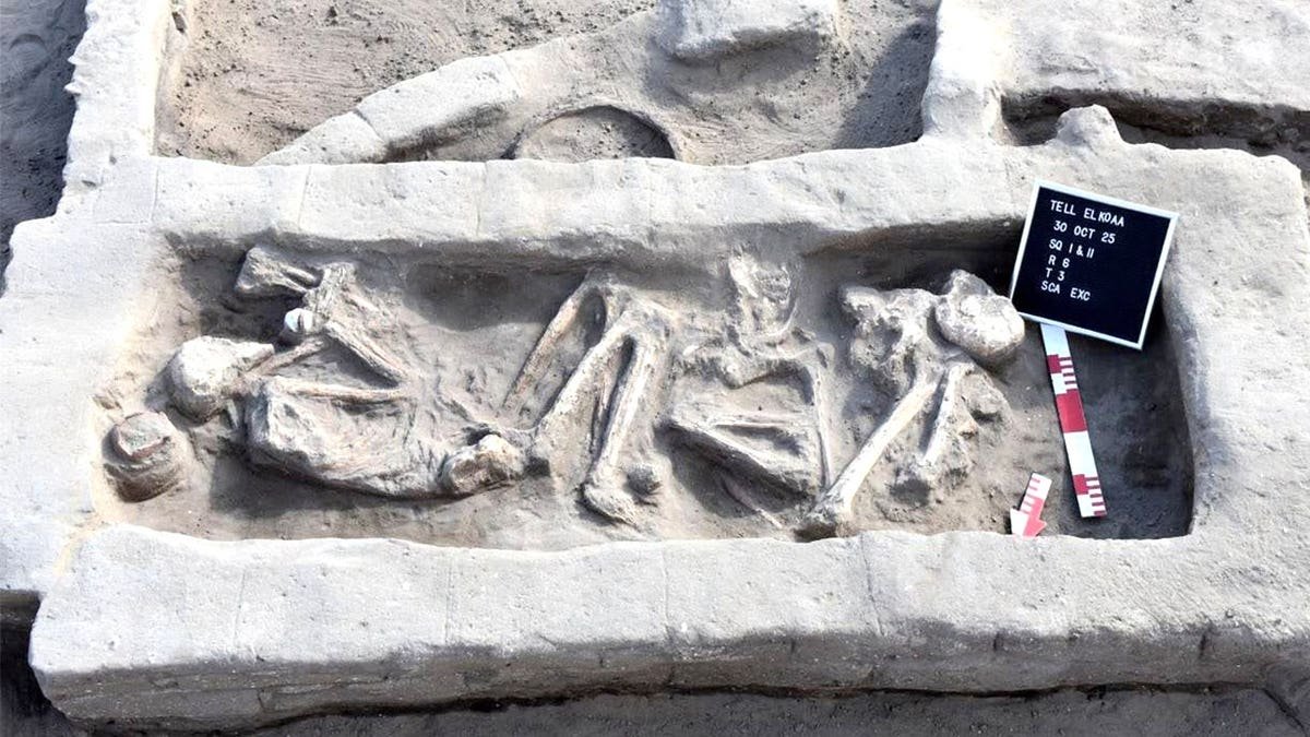 View of skeleton at tomb at archaeological site