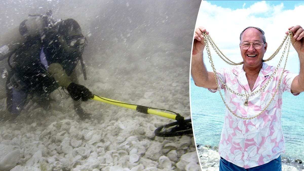 Split image of metal detectorist near wreck, Mel Fisher with treasure