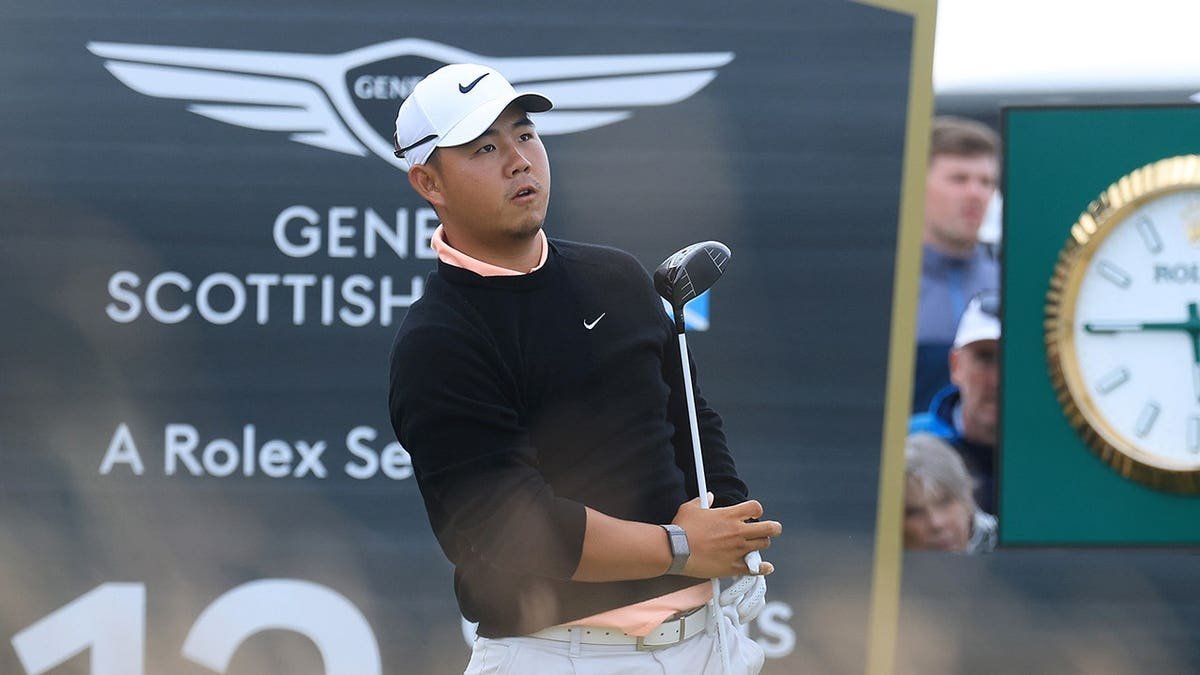 Tom Kim tees off on the 12th hole at The Renaissance Club.