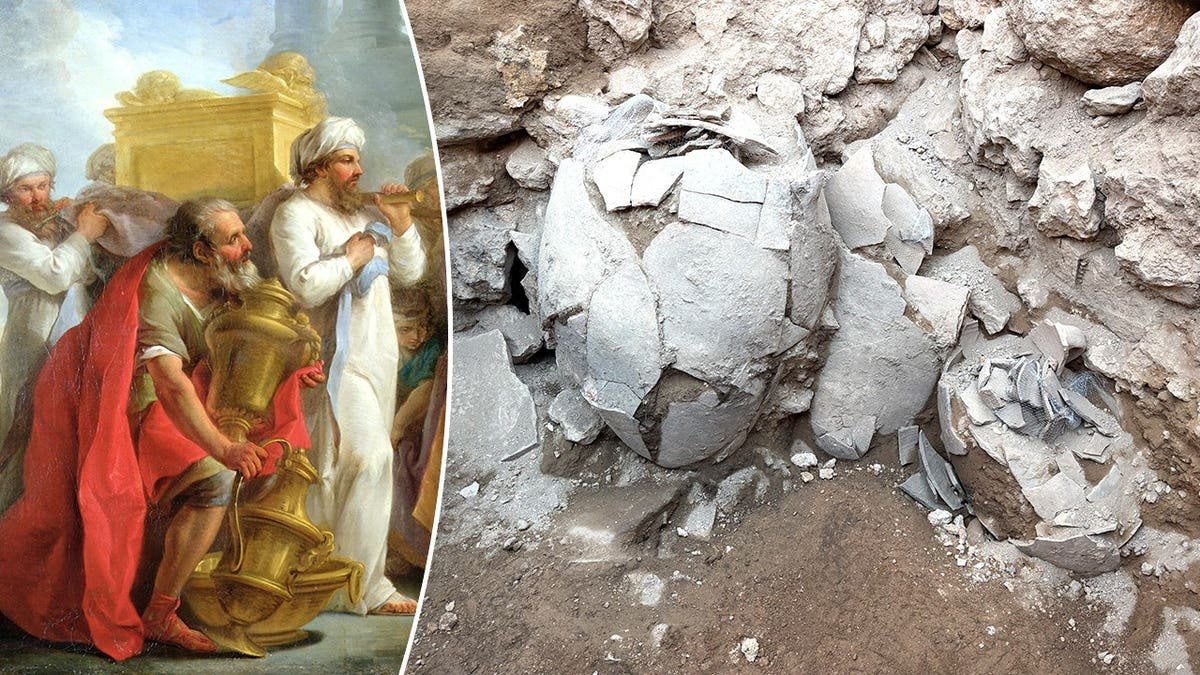 Split image of Ark of the Covenant painting, ancient vessel in trench