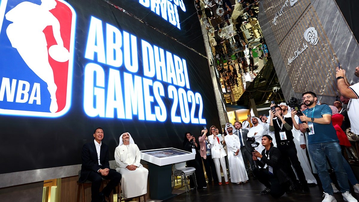 H.E. Saleh Mohamed Al Geziry, Director General for Tourism at DCT Abu Dhabi and Ralph Rivera, Managing Director, NBA Europe and Middle East attends during The NBA Abu Dhabi Games 2022 Announcement at Dubai World Trade Centre on May 10, 2022 in Dubai, United Arab Emirates.