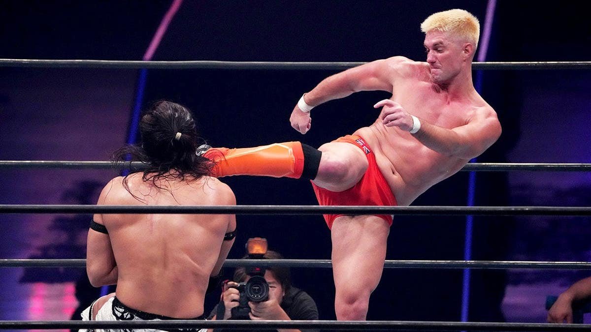 Zack Sabre Jr kicks his opponent