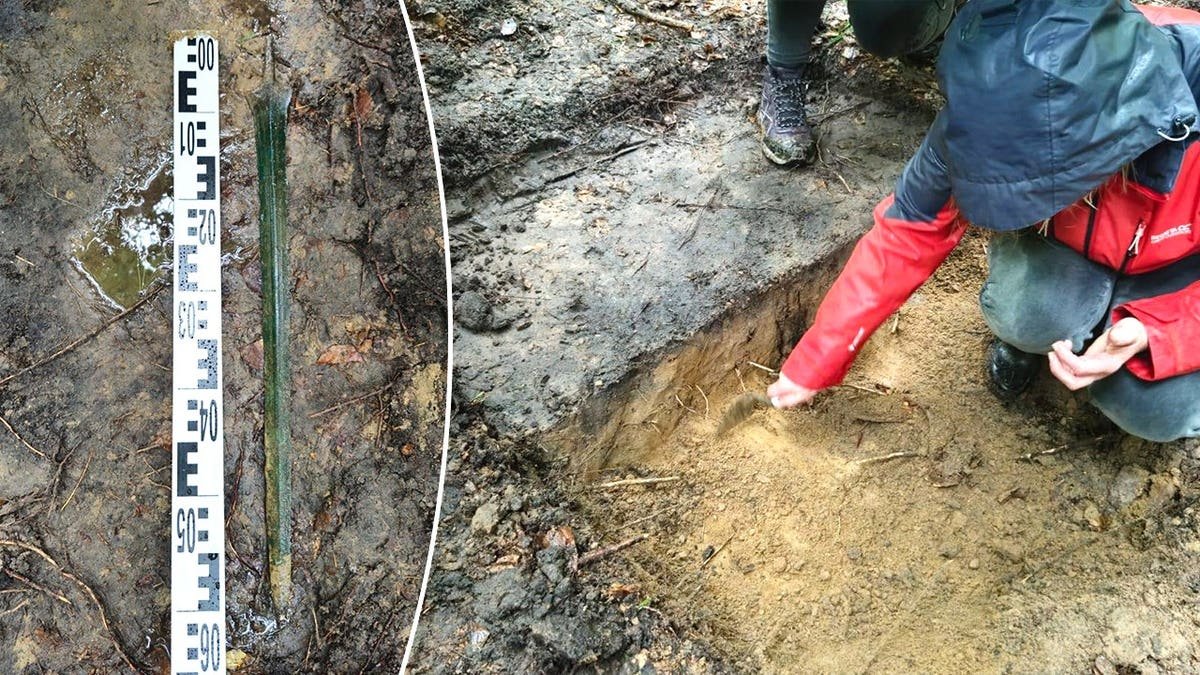 Split image of sword in social, archaeologist excavating trench