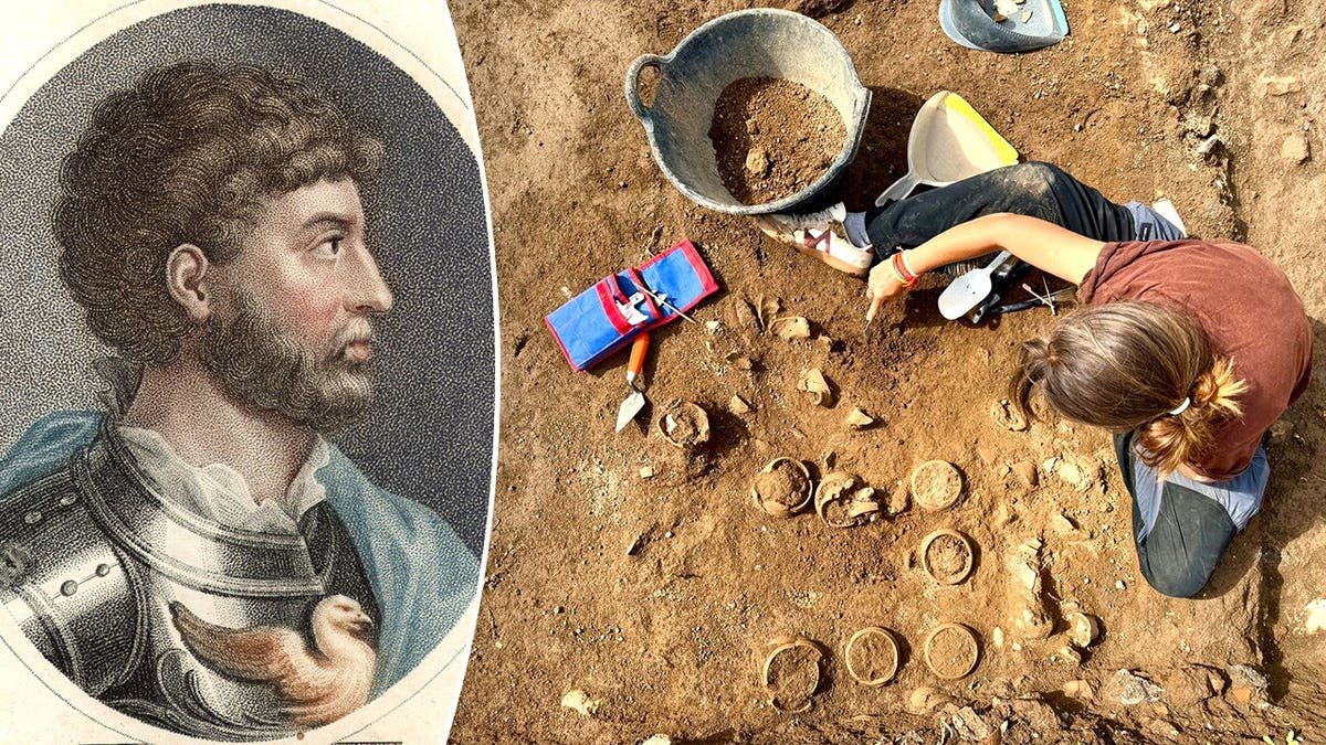 Split image of Hadrian depiction, archaeologists digging at site