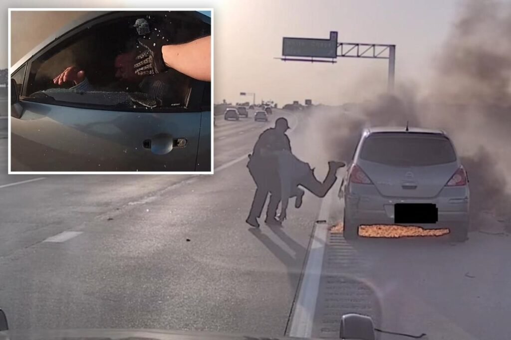Texas cop saves driver from burning car moments before it goes up in flames, heart-stopping video shows Texas cop saves driver from burning car moments before it goes up in flames, heart-stopping video shows