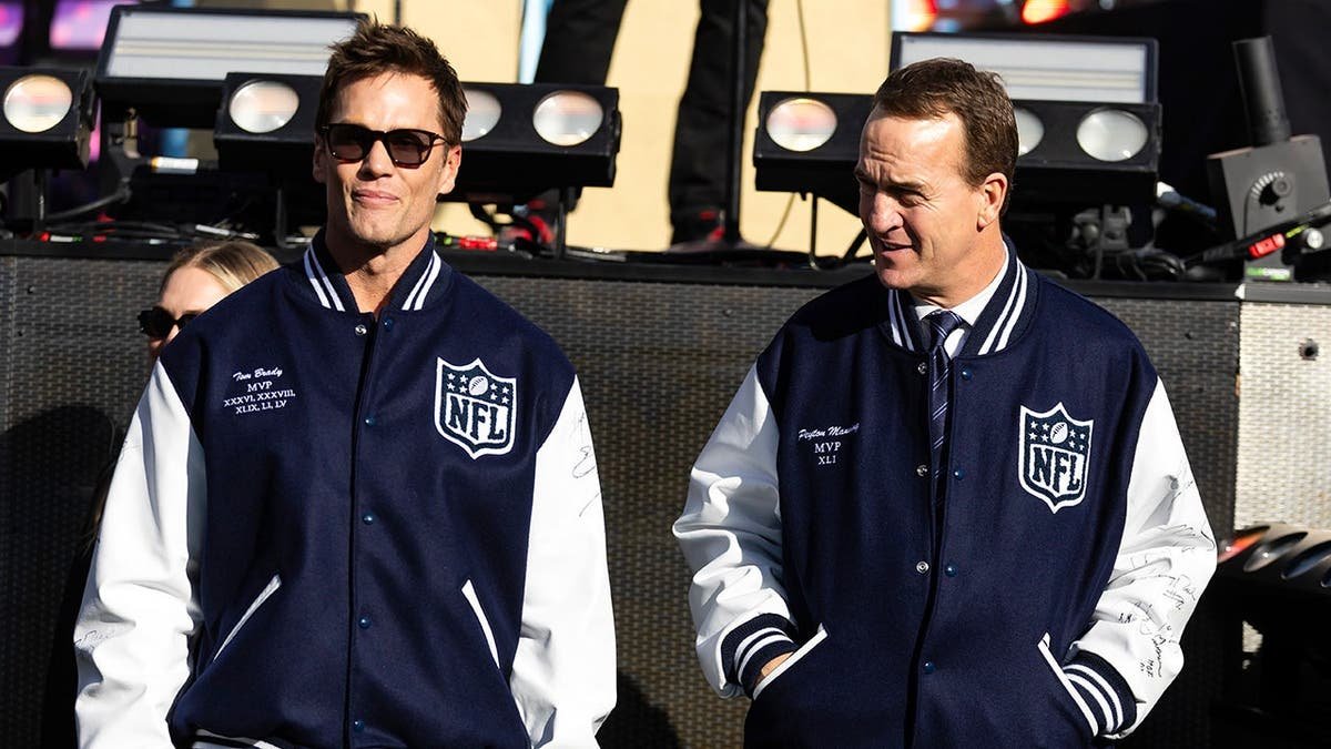 Tom Brady and Peyton Manning stand before Super Bowl LX at Levi's Stadium.