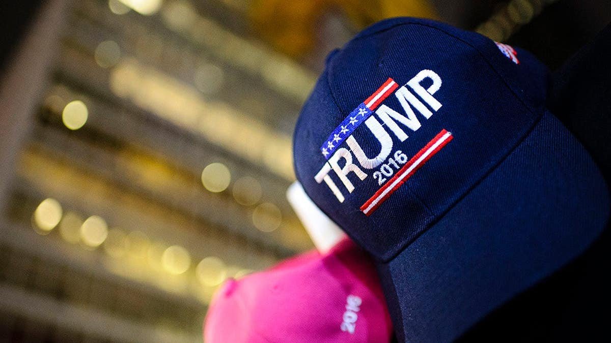 A Trump baseball cap is shown zoomed in