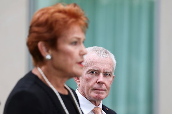 One Nation leader Senator Pauline Hanson and One Nation Senator Malcolm Roberts at Parliament House. 