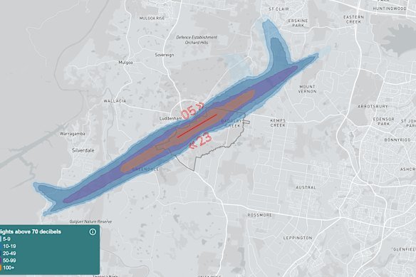 A map showing cumulative noise from runways 5 and 23 at the new Western Sydney International. A running washing machine is 70 decibels.