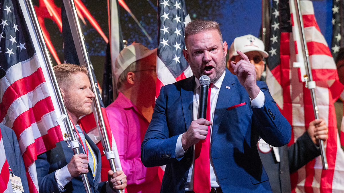 Adam Schwarze speaks at a Republican state convention